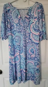 Neu mit Etikett Gr. M Lilly Pulitzer Easley kurzärmliges knielanges Kleid blaue Grotte 108 $ - Bild 1 von 10