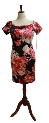 NWT Calvin Klein Sheath Dress Womens Size 12P Black Red White Floral Knee $134 - Image 1 of 4