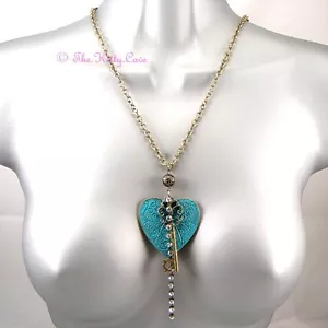 Vintage Gold & Turquoise Chic Heart & Key Pendant Necklace w/ Swarovski Crystals - Picture 1 of 4