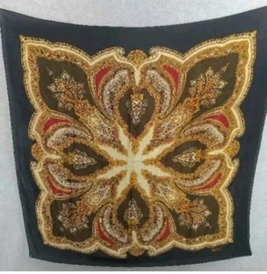 ECHO 100% Silk Honey, Black,Red, Gold Pattern Scarf 34" X 34" Handroll Hems - Picture 1 of 11