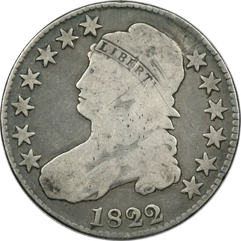 1822 Capped Bust Half Dollar 50C, Very Good VG, Repaired Cover