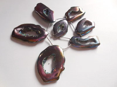 7 Pcs Druzy Titanium Coated Slice Beads Natural Agate Pendant Geode Beads Purple - Image 1 of 4