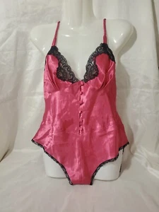 Vintage Delicates Pink Black Satin Lingerie Bodysuit Sz Medium Jumper One Piece - Picture 1 of 11