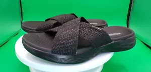 WOMENS SKECHERS ON THE GO 600 BLACK STRECTH CROSSBAND SLIDE WALKING SANDALS 9 - Picture 1 of 8