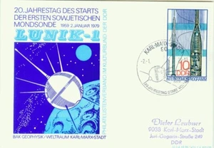 Postal de Alemania 2 de enero 1979 Lunik-1 matasellos, con franqueo de cohetes Sc#1898 M-100 - Imagen 1 de 3