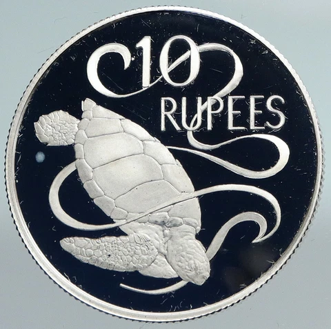 1974 SEYCHELLES UK Queen Elizabeth II VINTAGE Turtle SILVER 10 Rupee Coin i89914 Cover