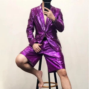 Men Faux Leather Blazer Jacket Shiny Wet Look Lapel Coat Punk Rock Club Sexy Top - Bild 1 von 24