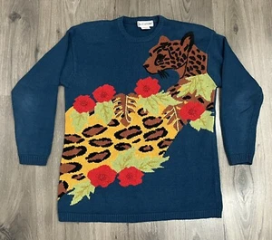 Vintage Sweater Leopard Jaguar Floral Womens Outlander Large - Picture 1 of 9