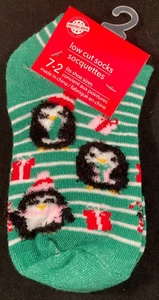 Christmas House - Penguin Green Stripped Socks - Kid's Size 7-2 - Low Cut Socks - Picture 1 of 3