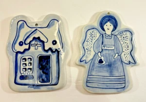 Vintage Delft Holland Ceramic Blue & White House and Angel Christmas Ornaments - Picture 1 of 4