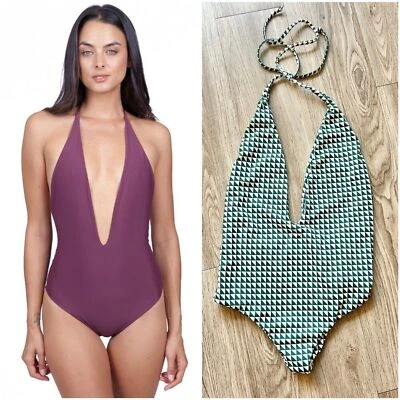 MIKOH Hinano Plunge Neck One Piece Swimsuit in Green White Triangles Size S - Image 1 of 4