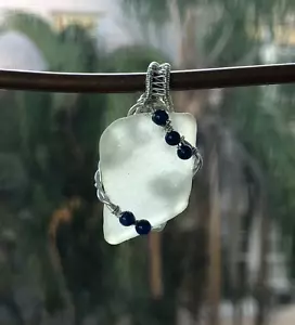 Beach Sea Glass Pendant Hand Crafted Sterling Silver Wire Wrapped Surf Tumble SS - Picture 1 of 5