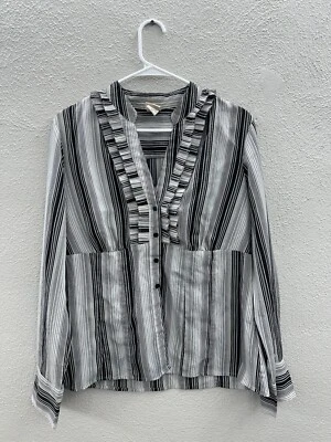 Covington Womens Blouse Size Large Black Stripe Long Sleeve Button Up Ruffled - Image 1 of 4