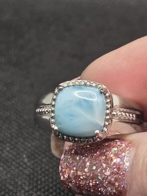 Anillo de hombre de plata de ley con cojín cuadrado de 10 mm Larimar rodio - talla 12 Foto 1 de 4