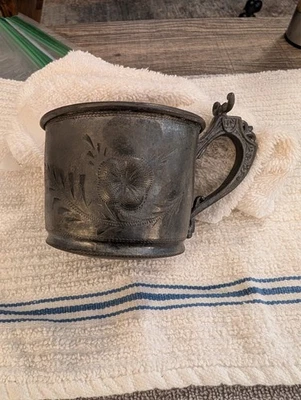 Antique 1800's Fancy Metal Drinking Cup W/ Handle, Patina ! - Image 1 of 4
