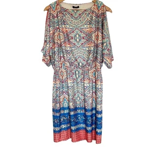 Cocomo Dress Women's Large Geometric Boho Cold Shoulder Pullover Mini - Picture 1 of 7