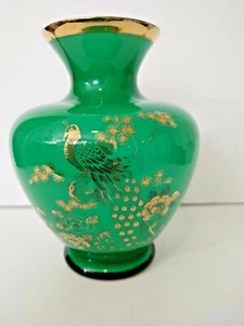 Vintage Green Cased White Glass Vase Gold Trim- Gold Peacock & Floral - Picture 1 of 6