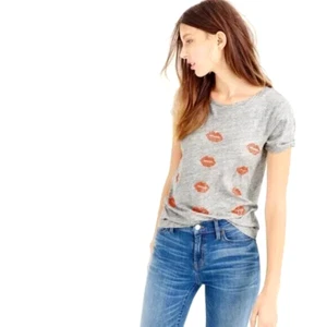 Stunning Rare J CREW Beaded Orange 3D Lips Kisses Embellished Grey T Shirt Top M - Picture 1 of 24