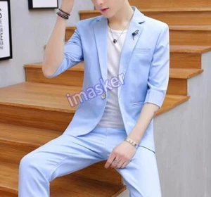 New Fashion Mens Slim Fit Jacket Pants 2 PCS Summer Short Sleeve Suits Wedding - Picture 1 of 22