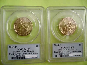 2008-P MARTIN VAN BUREN PCGS MS67 FDI POSITION A & B BUSINESS 2-COIN DOLLAR SET - Picture 1 of 12