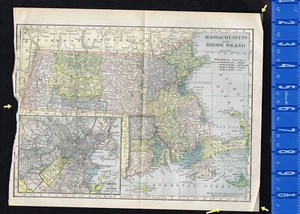 Mapa a color antiguo de Massachusetts y Rhode Island, Estados Unidos - 1904 LIQUIDACIÓN - Imagen 1 de 2