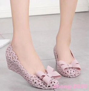 Women's Jelly Sandals Floral Hollow Out Low Wedge Heels Slip On Bowknot Shoes SZ - Picture 1 of 12