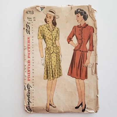 1940s Vintage Simplicity 4713 Sewing Pattern Skirt Blouse Jacket Blazer Ruffle - Image 1 of 3