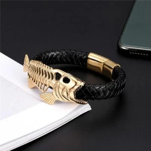 1pc Fish Skeleton Charm Bracelet Leather Rope Bracelets Women Men Jewelry Gifts - Picture 1 of 38