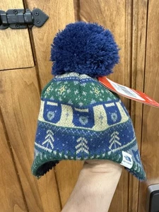 North Face Baby Boy Blue Beanie Winter Hat Pom 0-6 Months Ear Flaps XXS - Picture 1 of 4