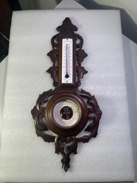Antiguo barómetro y termómetro de madera tallada de la Selva Negra - #C6 Foto 1 de 4