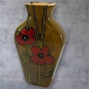 Handmade Studio Pottery Vase Red Poppy Flowers Signed JG 13 Mid-Century Style - Picture 1 of 11