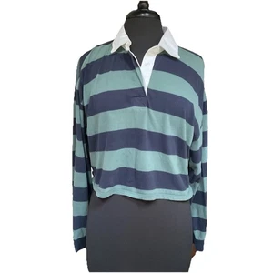 Hollister Women 100% Cotton Striped Cropped Rugby Shirt Top Green Blue L Buttons - Picture 1 of 7