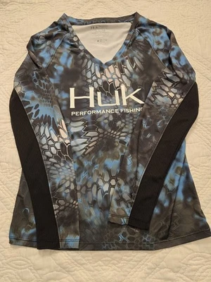 Camisa de pesca de manga larga Huk Performance para mujer azul medio camuflada elástica cuello en V Foto 1 de 4