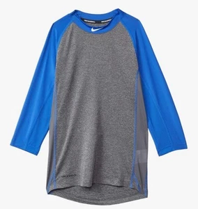 Nike Pro Dri Fit Boys Baseball T-Shirt 3/4 Sleeve Fitted Gray Blue Unisex New - Picture 1 of 6