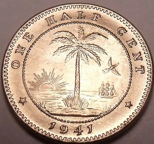 Rare Gem Unc Liberia 1941 Half Cent~Elephant Coin~Last Year Ever Minted~Free Shi - Picture 1 of 2