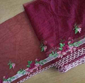 6 yards 7" wide Dark Red Tulle Lace/Embroidered Pink Flower/Green Leaves xh029 - Picture 1 of 2