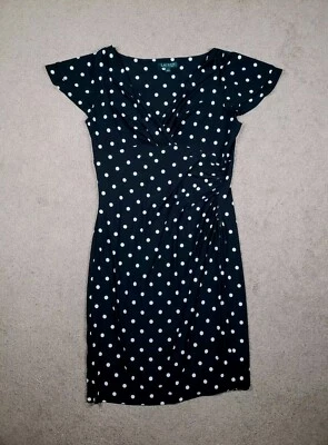 Vestido envolvente sintético Lauren Ralph Lauren negro/blanco lunares fruncido elástico talla 14 Foto 1 de 4