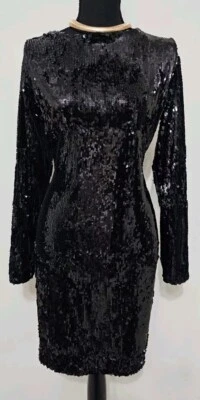 Asos Womens Black Sequin Long Sleeve Open Back Dress Size 14US - Image 1 of 4