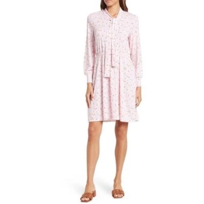 ADRIANNA Papell Tie Neck Long Sleeve Knit Dress in Ivory / Salsa Painted M NWT - Image 1 of 4