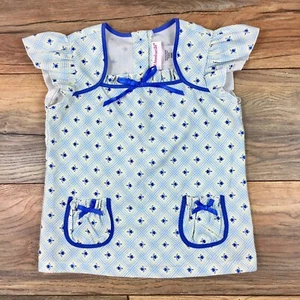 American Girl Girls Kids XS / 6 Blue Yellow Floral Retro Top Cap Ruffle Sleeve - Picture 1 of 6