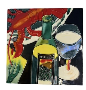 Red Lobster Art Tile 7.85” Square Decorative Ceramic Wine Bottle Glass - Picture 1 of 8