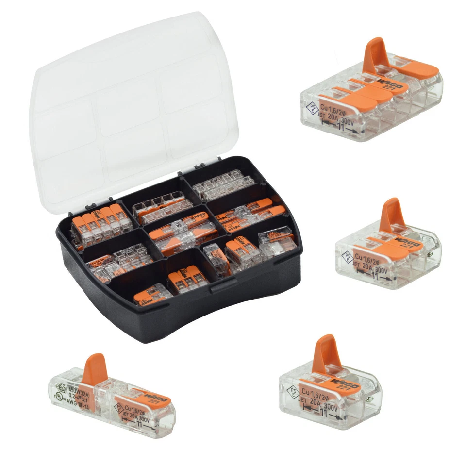 45x Wago Klemmen mit Hebel 221-412 /-413 /-415 /-2411 Hebelklemmen Set im Kasten