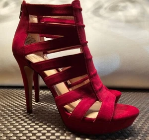  RED PLATFORM STILETTO HEELS STRAPPY OPEN TOE  5" HEEL SIZE 9M - Picture 1 of 9