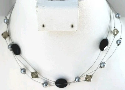 Lia Sophia Illusion Wire Necklace/ Blue, Gray & Light Amber Color  Beads - Image 1 of 4
