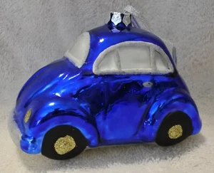 Volkswagen Käfer blau geblasenes Glasornament von Cristborn Deutschland Vintage - Bild 1 von 4