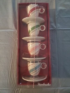 Juego/4 Starbucks Demi Taza Espresso Taza Platillo Caramelo Rayas Vacaciones 2007 3oz - Imagen 1 de 5