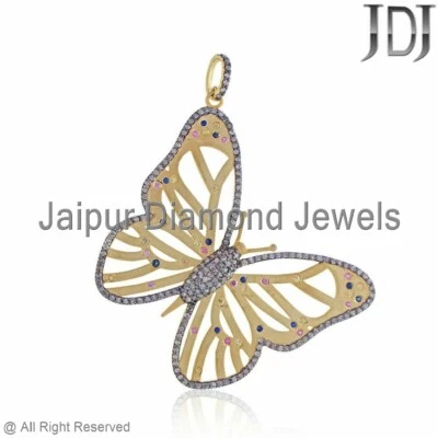 Colgante de mariposa de piedras preciosas de diamantes pavé genuino enchapado en oro 925 joyería Foto 1 de 4