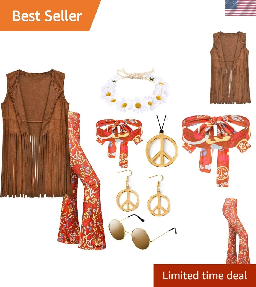 Conjunto de Disfraz Hippie Años 70 7 Piezas con Chaleco con Flecos y Accesorios - Mediano Foto 1 de 4