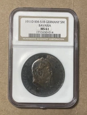 Bavaria (Germany) - 1911-D Silver 5 Mark (NGC MS 61) - Very Scarce - Image 1 of 4