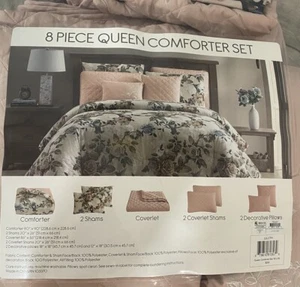 Lillith Queen Comforter Set 8 Piece Coverlet Shams Pillows Comforter Ivory Blush - Picture 1 of 13